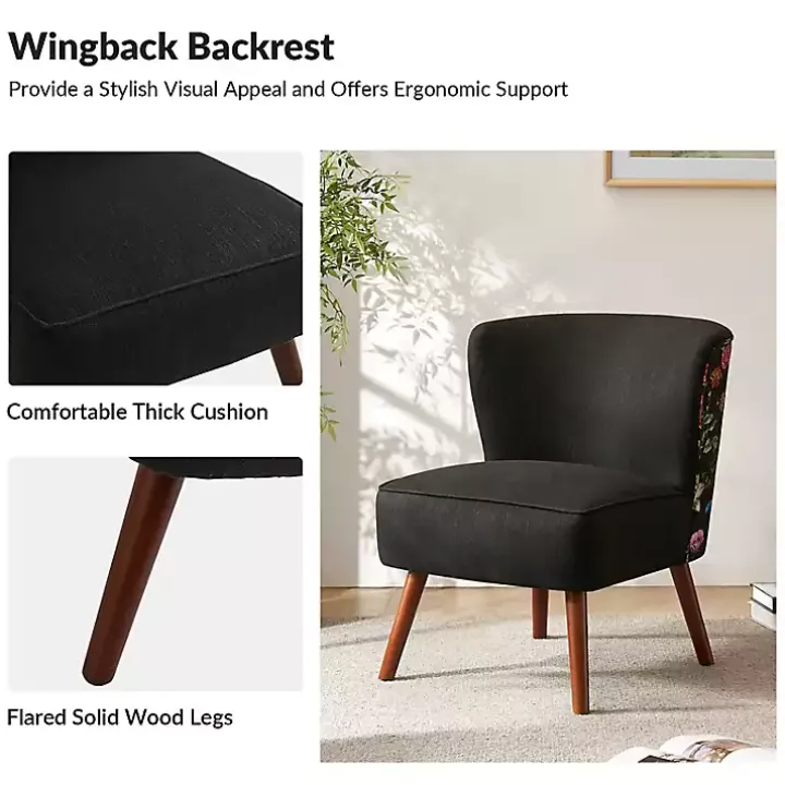Alex Black Upholstered Floral Back Accent Chair