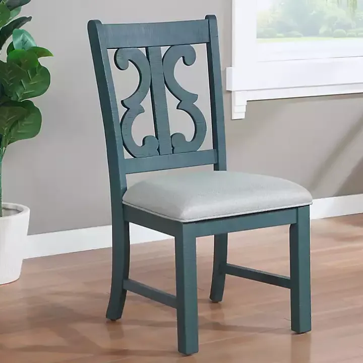 Antique Blue Upholstered Dining Chairs, Set of 2