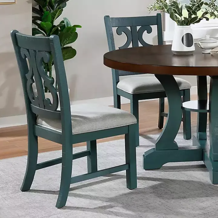 Antique Blue Upholstered Dining Chairs, Set of 2