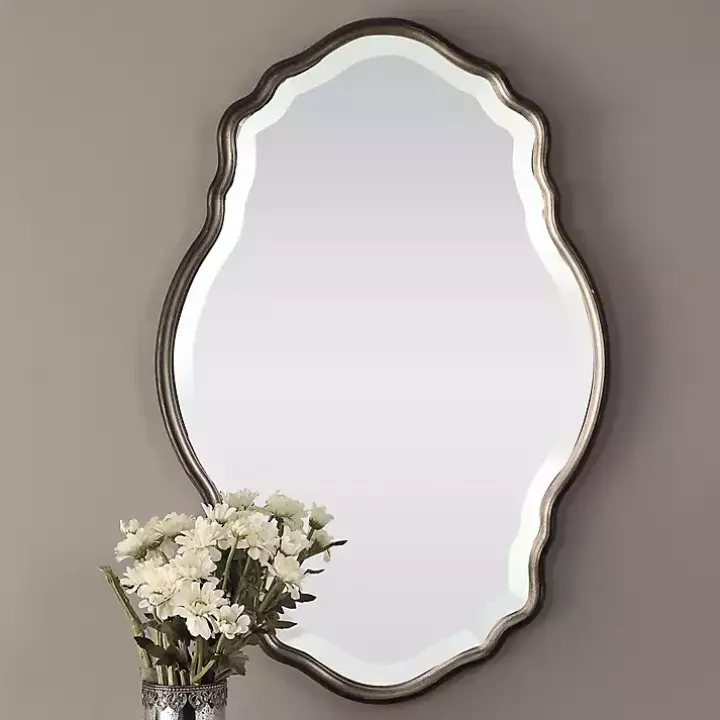 Antique Bronze and Silver Curved Wooden Mirror