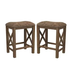 Antique Walnut Faux Leather Stools, Set of 2