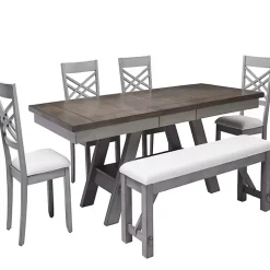 Antique White Upholstered Gray Wood Dining Bench