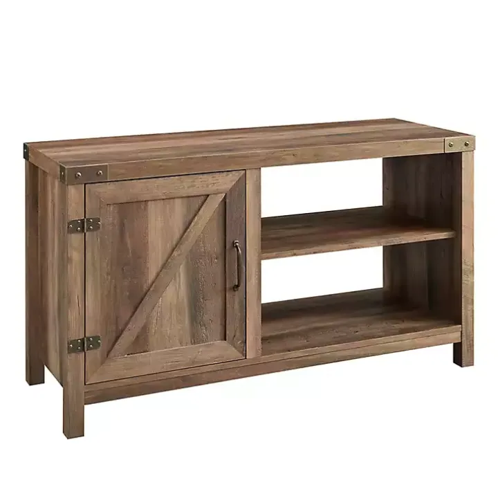 Barn Door Rustic Oak TV Stand with Open Shelves