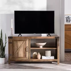 Barn Door Rustic Oak TV Stand with Open Shelves