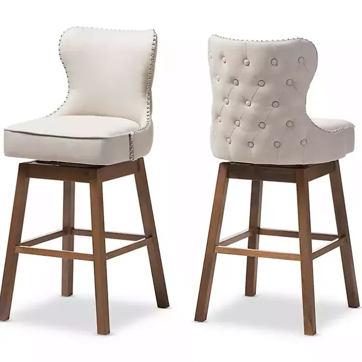 Beige Button Tufted Swivel Bar Stools, Set of 2