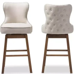Beige Button Tufted Swivel Bar Stools, Set of 2