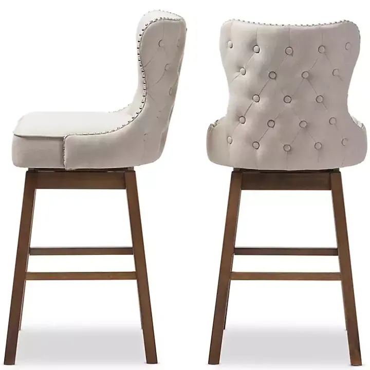 Beige Button Tufted Swivel Bar Stools, Set of 2