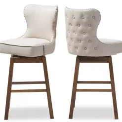 Beige Button Tufted Swivel Bar Stools, Set of 2