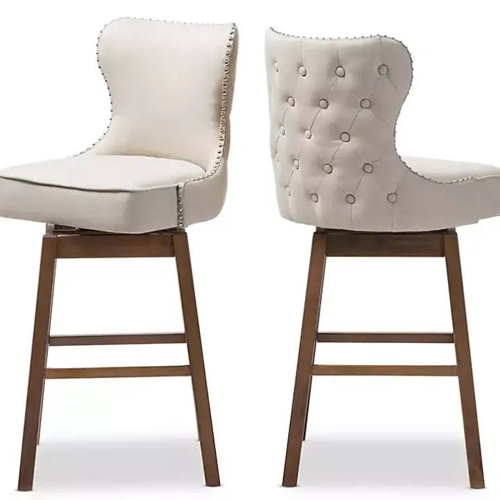 Beige Button Tufted Swivel Bar Stools, Set of 2
