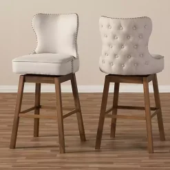 Beige Button Tufted Swivel Bar Stools, Set of 2