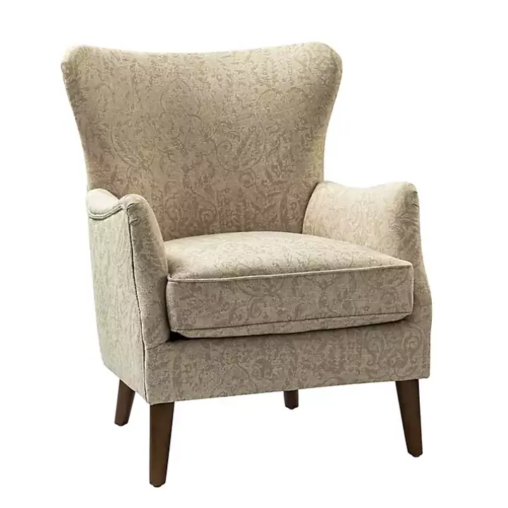 Beige Floral Damask Wingback Accent Chair