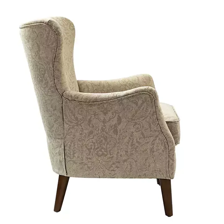 Beige Floral Damask Wingback Accent Chair