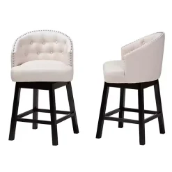 Beige Tufted Seat Swivel Counter Stools, Set of 2