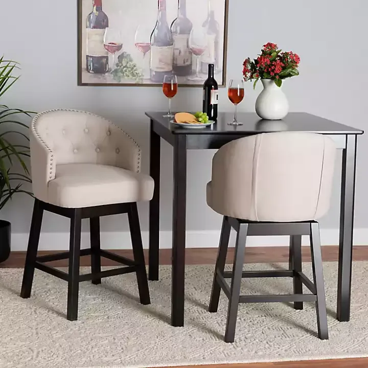 Beige Tufted Seat Swivel Counter Stools, Set of 2