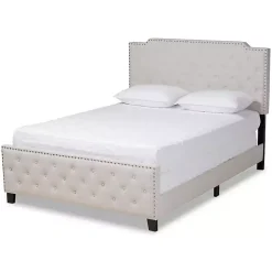 Beige Upholstered Button Tufted King Panel Bed