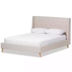Beige Upholstered Wingback Queen Platform Bed