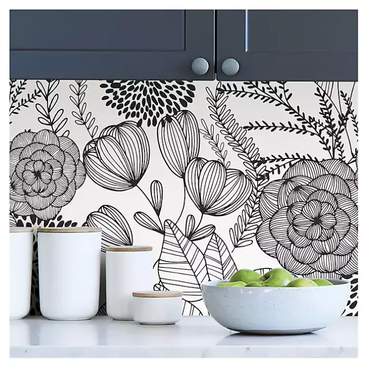 Black & White Floral Garden Peel & Stick Wallpaper