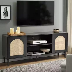 Black and Natural Rattan Media Cabinet