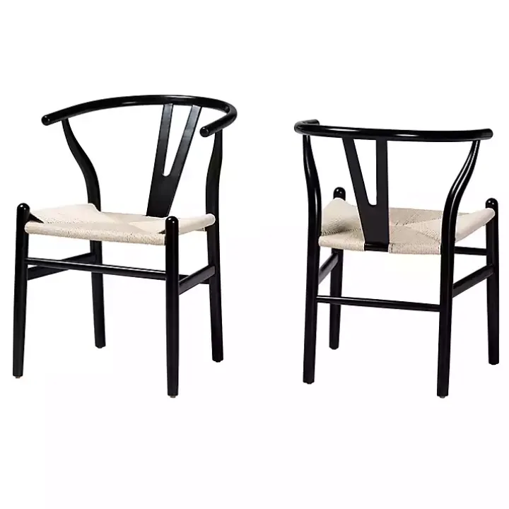 Black and Tan Wishbone Dining Chairs, Set of 2