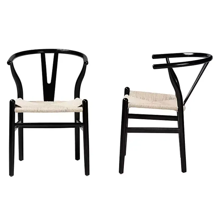Black and Tan Wishbone Dining Chairs, Set of 2