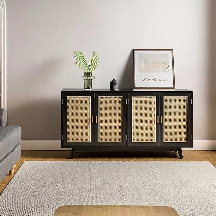 Black Cane Wood Storage Media Cabinet