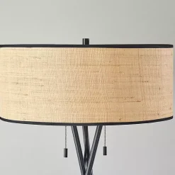 Black Metal and Rattan Tripod Floor Lamp