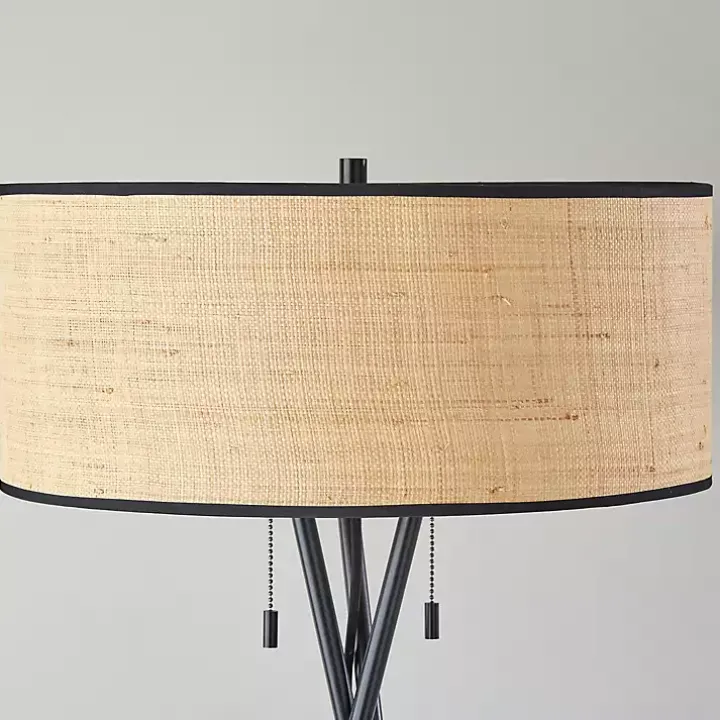 Black Metal and Rattan Tripod Floor Lamp