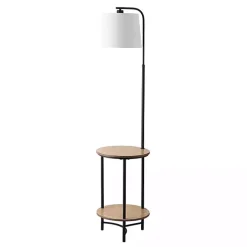 Black Metal Floor Lamp with Wood Shelves