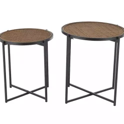 Black Metal Rattan Accent Tables, Set of 2