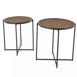 Black Metal Rattan Accent Tables, Set of 2
