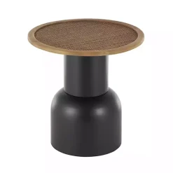 Black Metal Rattan Pedestal Accent Table, 19 in.