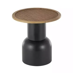 Black Metal Rattan Pedestal Accent Table, 19 in.