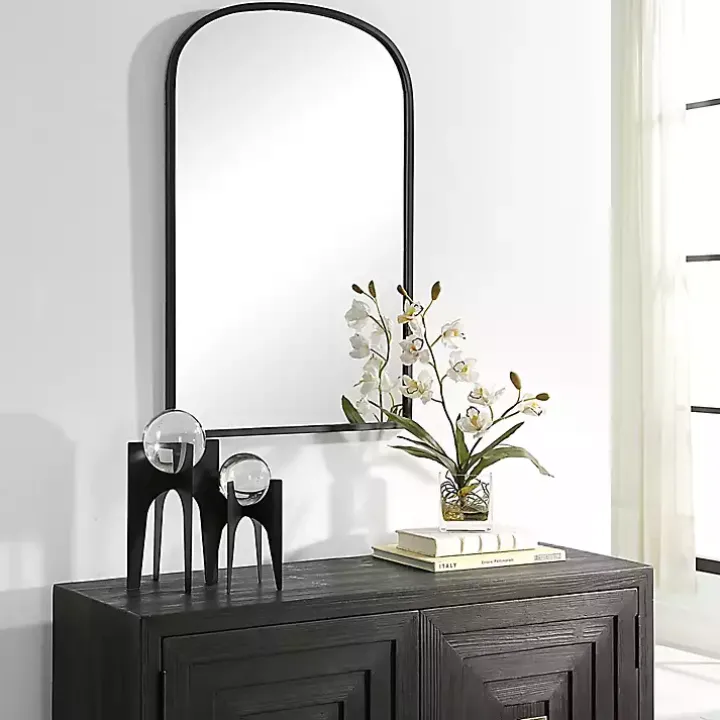 Black Simple Round Top Wall Mirror