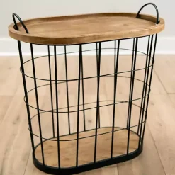 Black Wire and Natural Wood Basket Side Table