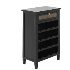 Black Wood & Natural Rattan Wine Bottle Cabinet