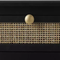 Black Wood & Natural Rattan Wine Bottle Cabinet