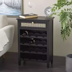 Black Wood & Natural Rattan Wine Bottle Cabinet