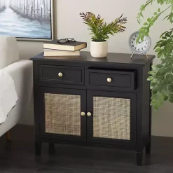 Black Wood & Natural Rattan 2-Door Cabinet