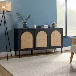 Black Wood and Cane Arched Sideboard Cabinet