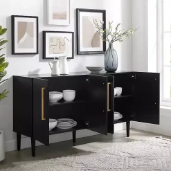 Black Wood and Gold 4-Door Cabinet