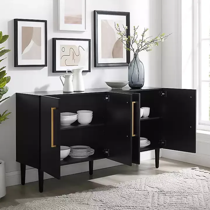 Black Wood and Gold 4-Door Cabinet