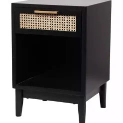 Black Wood and Natural Rattan Drawer Nightstand