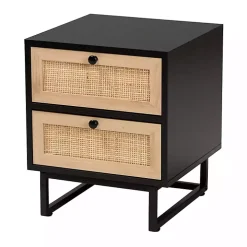 Black Wood and Rattan 2-Drawer Nightstand