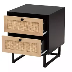 Black Wood and Rattan 2-Drawer Nightstand