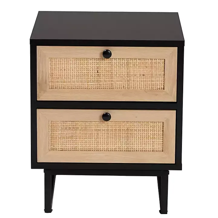 Black Wood and Rattan 2-Drawer Nightstand
