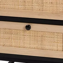Black Wood and Rattan 2-Drawer Nightstand
