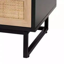 Black Wood and Rattan 2-Drawer Nightstand