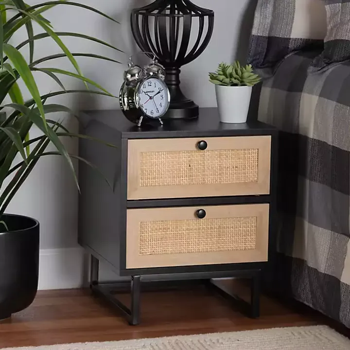 Black Wood and Rattan 2-Drawer Nightstand