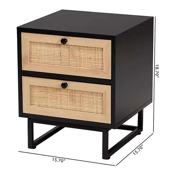 Black Wood and Rattan 2-Drawer Nightstand