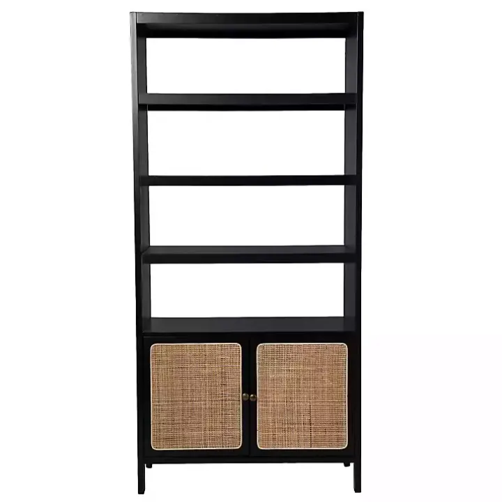 Black Wood Cane Doors Bookshelf
